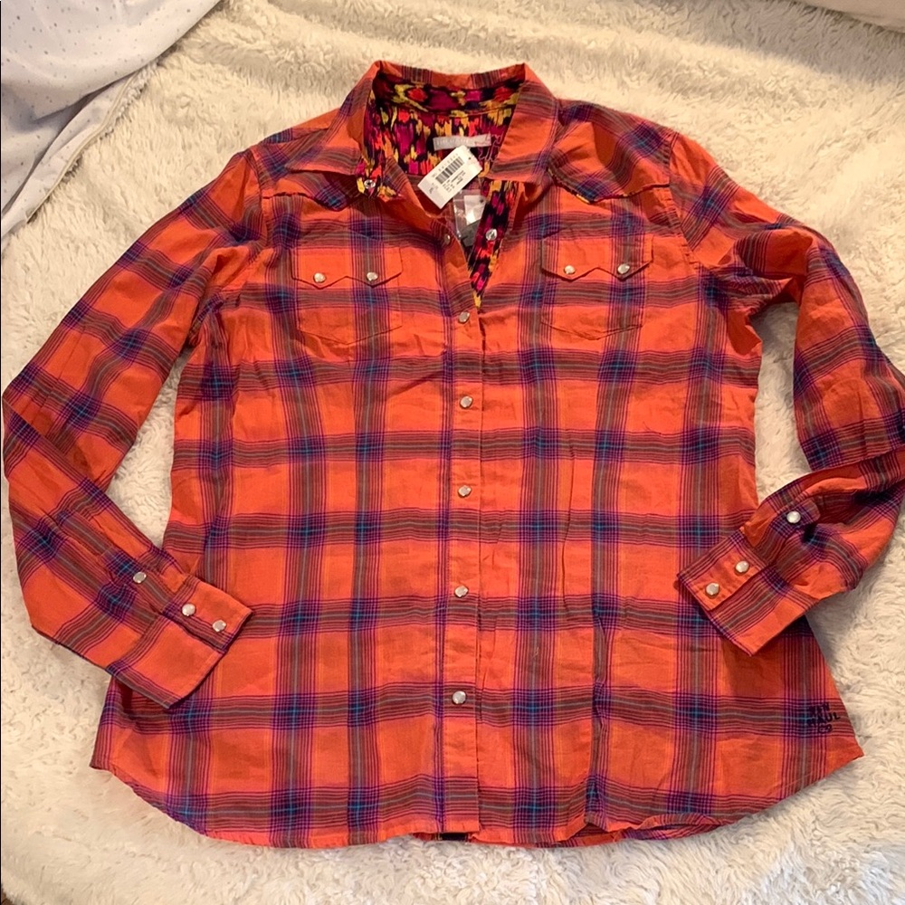 Tin Haul NWT Vibrant Orange and Blue Pearl Button Down Western Shirt XL